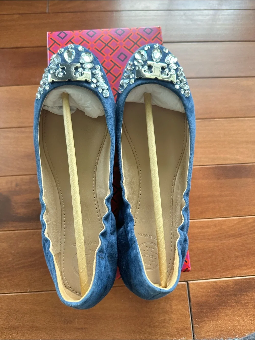 Tory Burch Navy Suede Crystal-Embellished Ballet Flats